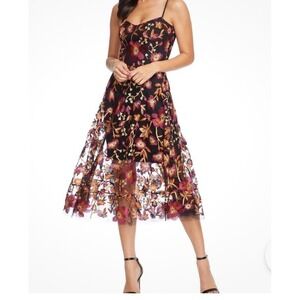 Dress the Population Uma Floral Embroidered Lace Dress Maroon black multi Sz M